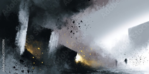 Smoky abstract backdrop with layered textures, dark blue gray tones, gold splatters, and diagonal light beam across a misty urban scene