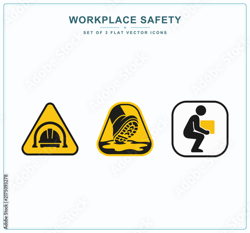 Workplace safety icon collection with hard hat, slip prevention and proper lifting signs