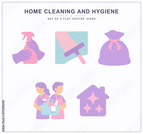 Home cleaning and hygiene icon collection with five pastel housework illustrations