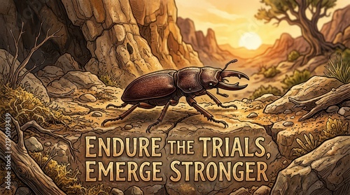 Stag beetle in arid landscape at sunset, text 'Endure the trials, emerge stronger', symbolizing resilience and transformation