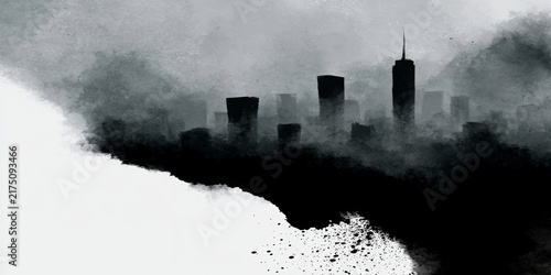 Abstract grayscale city skyline silhouette rendered with watercolor texture and ink splatters, suitable for modern urban art, design, or editorial visuals