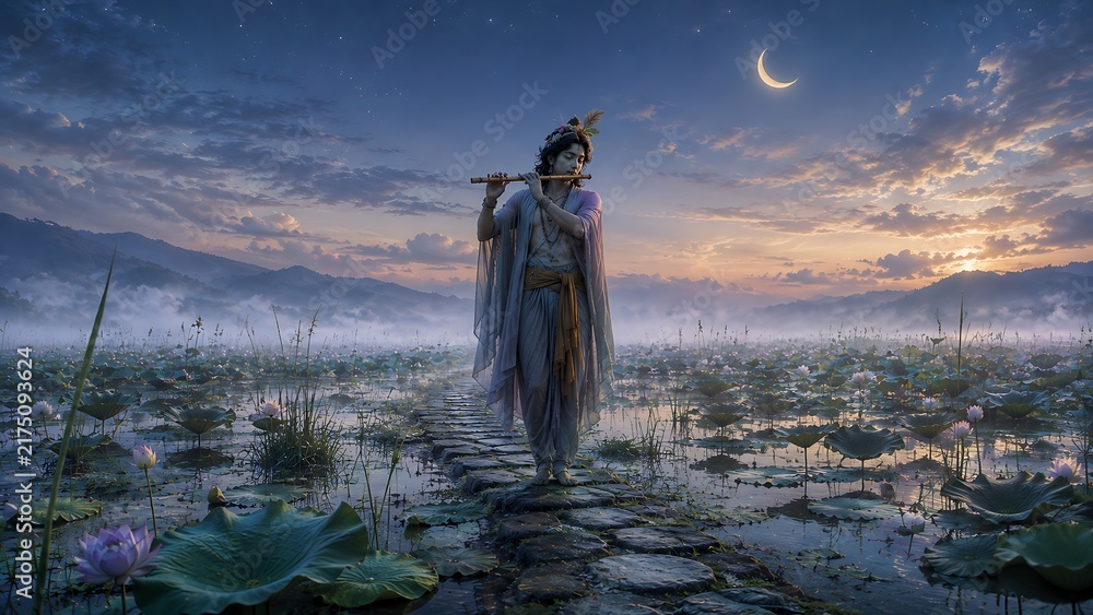 Obraz premium Lord krishna walking on a stone path across a misty lotus pond holding flute during a peaceful twilight evening with crescent moon