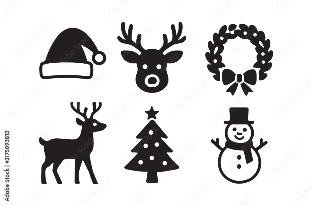 Naklejka premium christmas silhouettes santa hat reindeer wreath snowman and tree