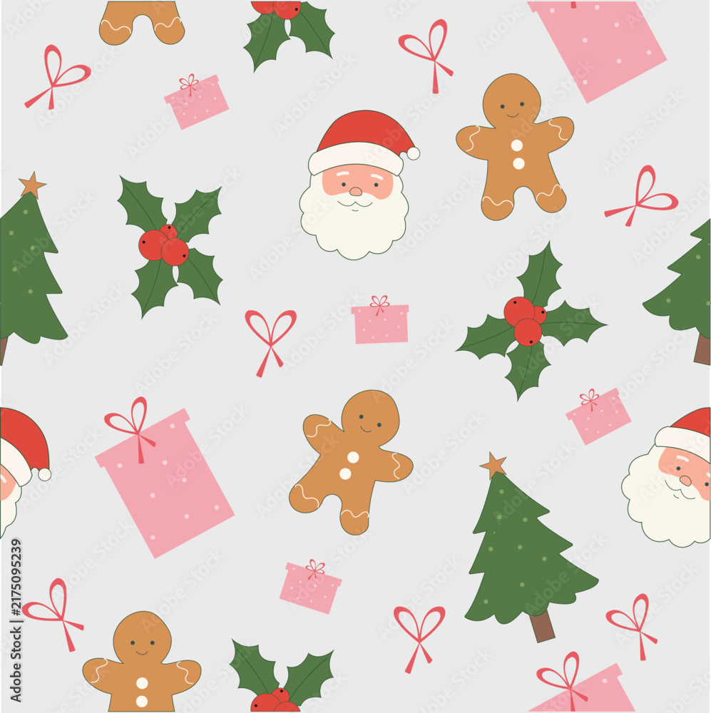 Naklejka premium Christmas Seamless Pattern with Santa claus, Gingerbread man, and trees