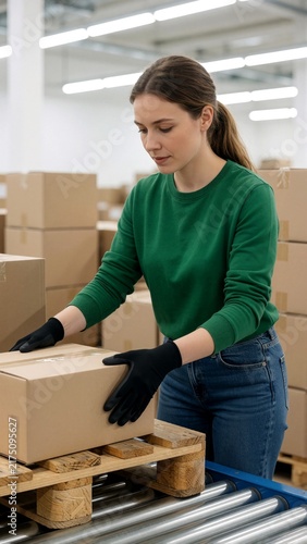 Young Woman Worker Moving Cardboard Box on Conveyor in Modern Warehouse