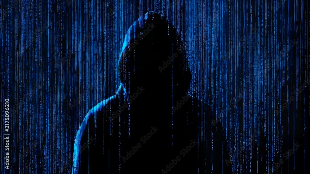 © suyu - Silhouette of hacker isolated on black background with binary codes, cybersecurity concept showing digital threat, programming, data protection and advanced technology security risks © suyu - Silhouette of hacker isolated on black background with binary codes, cybersecurity concept showing digital threat, programming, data protection and advanced technology security risks