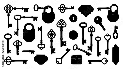 Keys set with antique keys and lock mechanisms featuring ornate designs, vintage style, metal texture with aged appearance and detailed engravings