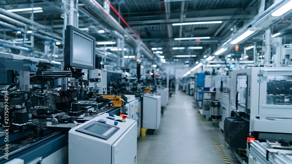 Obraz premium A modern factory floor with automated hinery organized production lines and industrial equipment under bright lighting