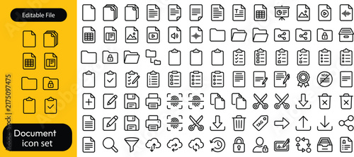 Document icon set. Clipboard outline icons. Containing text documents, files, lists, folders, contracts, and more. Vector illustration