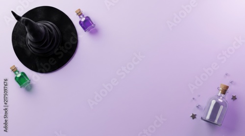 Witch hat and potion bottles on light purple background hallowen theme