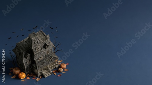 Haunted house model with pumpkins and autumn leaves on a blue background hallowen theme
