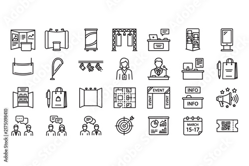 Exhibition, advertising stand line icons set