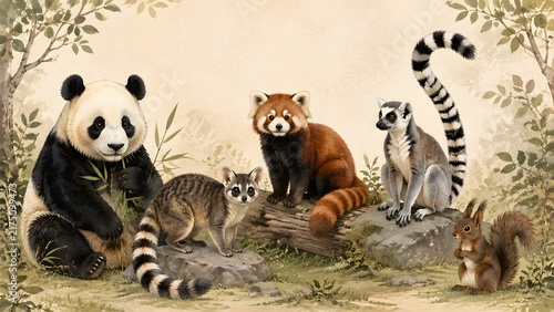 Vintage illustration of five rare wildlife animals notoriously difficult to breed in captivity in a forest habitat.