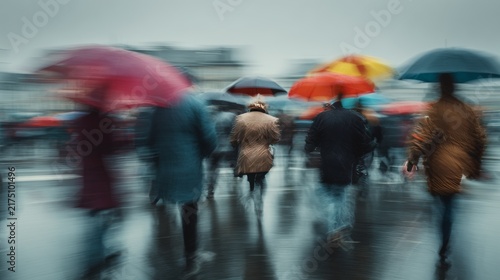Blurry photo captures a crowd of people with umbrellas walking in the rain, streets slick