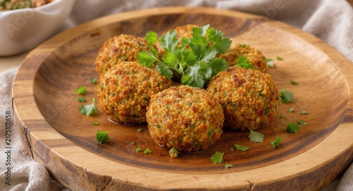 Golden crispy falafel served on a rustic plate with fresh parsley garnish. Traditional Middle Eastern vegetarian dish full of flavor.