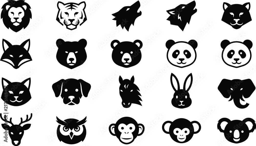 Fototapeta premium Minimalist animal head icons vector set, black and white wildlife silhouettes graphic design elements, cute zoo and forest animals logos for branding and web use