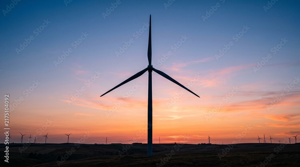 Obraz premium Stunning silhouette of a giant wind turbine standing tall against a vibrant sunset sky with rolling hills and wind farm infrastructure in the background showcasing sustainable energy product
