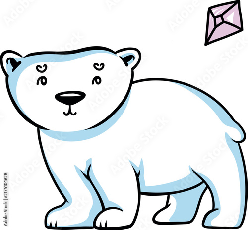 Cartoon-style drawing of a cheerful polar bear in profile view. The bear is standing on all fours with its head turned to the viewer and its mouth open. A small pink gemstone or star is floating above