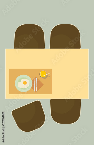 Breakfast table top view vector illustration. Flat design morning scene with fried egg, glass of juice, cutlery and chairs.
