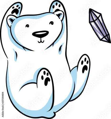 Cartoon-style drawing of a cheerful polar bear with its mouth open and eyes closed in delight. The bear is sitting on the ground with all four legs raised up. In the corner there is a small pinkish-pu