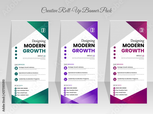 Creative roll up banner pack in green purple and magenta colors featuring modern corporate business layout for exhibition promotion and marketing presentation.