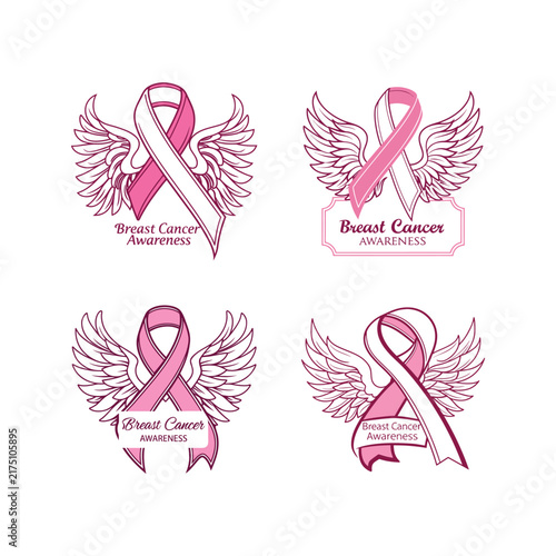 Pink Breast Cancer Awareness Ribbon with Angel Wings vector.