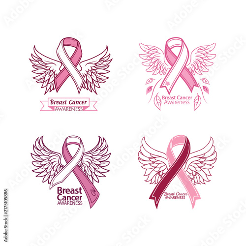Pink Breast Cancer Awareness Ribbon with Angel Wings vector.