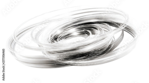 Glowing white swirling circular rings with layered elliptical light trails creating an abstract orbital vortex isolated on white background