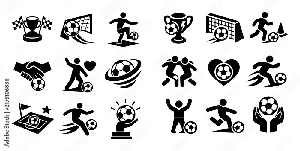 Fototapeta premium Soccer and sports concept icons with trophy, player and ball for infographic design in solid style