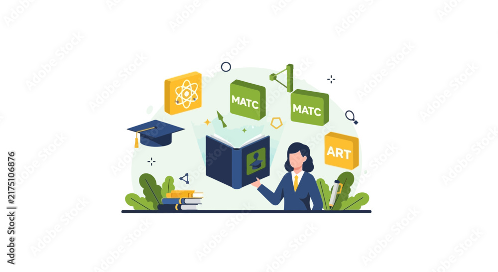Naklejka premium Flat Vector Illustration of Student with Open Book and Academic Subjects Icons