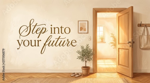 Step into your future: Open door revealing bright, sunlit room symbolizing opportunity, new beginnings, and growth.