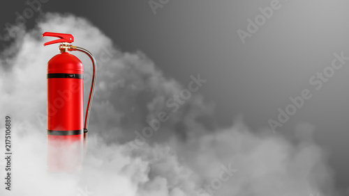 Fire safety equipment, red fire extinguisher stands surrounded by smoke, representing emergency protection, firefighting and workplace safety.