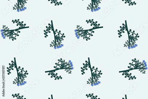 Hand drawn scalloped fern leaves and tulips seamless repeat pattern in blue green
