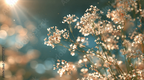 Gentle Wild Flowers and Grasses in Sunlight with Soft Bokeh Warm Sunlight Background