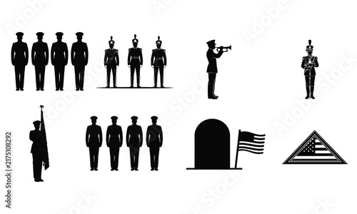 Фотография Military honor guard silhouettes standing in formation with flag tombstone and bugle icon