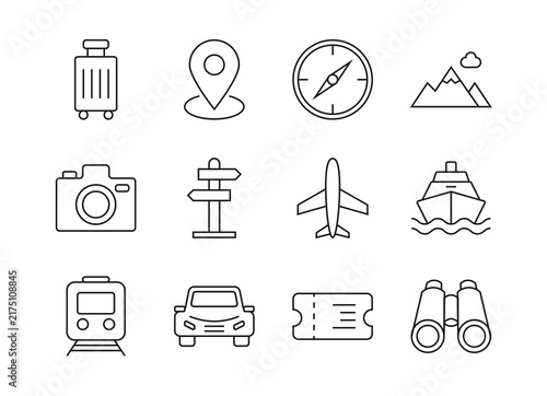 Travel and Tourism Outline Icon Set, Luggage, Location Pin, Compass, Mountain, Camera, Airplane, Ship, Train, Car, Ticket and Binoculars