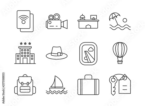 Travel and Tourism Outline Icon Set, Mobile Travel App, Movie Camera, Hotel Reception, Beach, Hotel Rating, Tourist Hat, No Photography, Hot Air Balloon, Backpack, Sailboat, Suitcase and Hotel Key