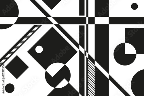 A striking minimalist composition of overlapping black and white geometric shapes inspired by avant-garde art.