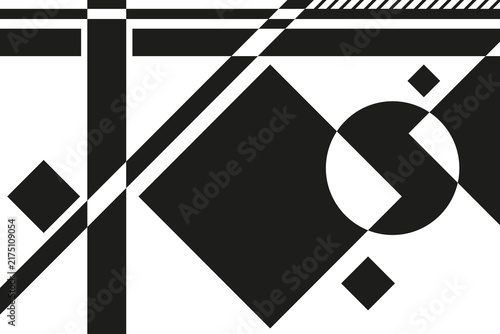 A striking minimalist composition of overlapping black and white geometric shapes inspired by avant-garde art.