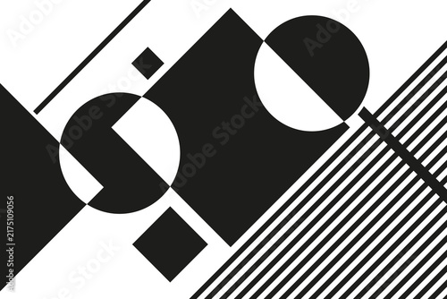 A striking minimalist composition of overlapping black and white geometric shapes inspired by avant-garde art.