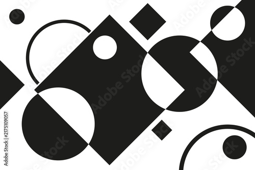 A striking minimalist composition of overlapping black and white geometric shapes inspired by avant-garde art.