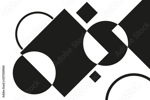 A striking minimalist composition of overlapping black and white geometric shapes inspired by avant-garde art.