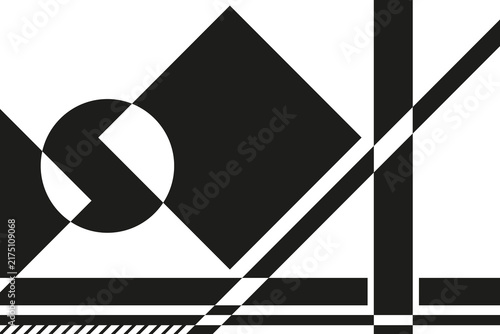 A striking minimalist composition of overlapping black and white geometric shapes inspired by avant-garde art.
