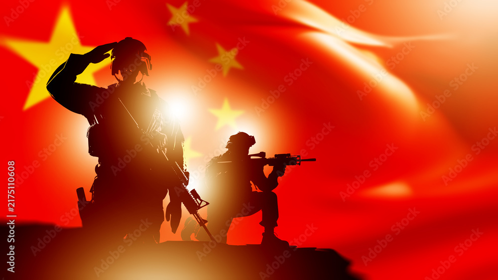 Fototapeta premium China military service, armed soldiers conduct a tactical operation against the background of the Chinese national flag, representing defense and armed forces. 3D image