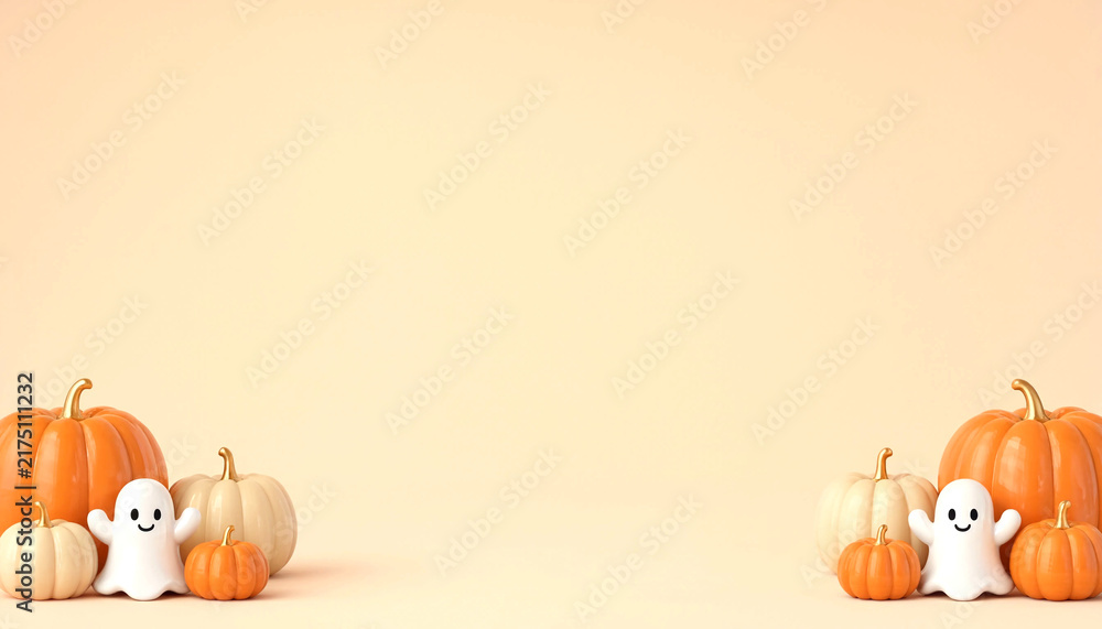 Fototapeta premium Halloween pumpkins and cute ghost figures on beige background border