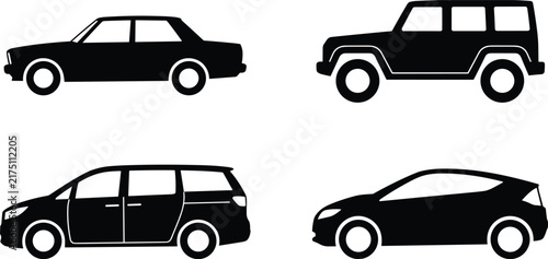Automobile side profile body shapes collection displaying black silhouette icons of sedan jeep minivan and hatchback car models