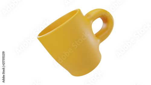 A vibrant 3D rendered yellow ceramic coffee mug floating in a minimalist studio environment, represented as a high-quality product illustration