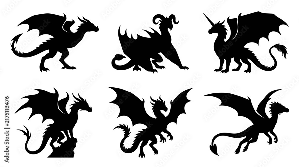 Obraz premium Minimalist flying dragon silhouettes for modern clean layouts.