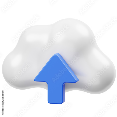 Obraz na płótnie 3D cloud upload icon with blue upward arrow, cloud backup and data server transfer render