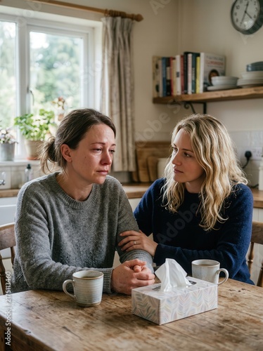 Two women sharing an emotional moment of support and comfort in a home setting